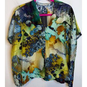 Bryn Walker BECCA Top 100% SILK Abstract Canals Boxey V-NECK Top Blouse SMALL